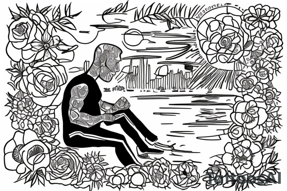 a male warrior sitting on a dock watching the sunset with a field of flowers behind him tattoo idea