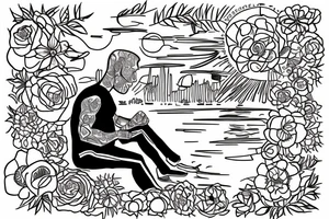 a male warrior sitting on a dock watching the sunset with a field of flowers behind him tattoo idea
