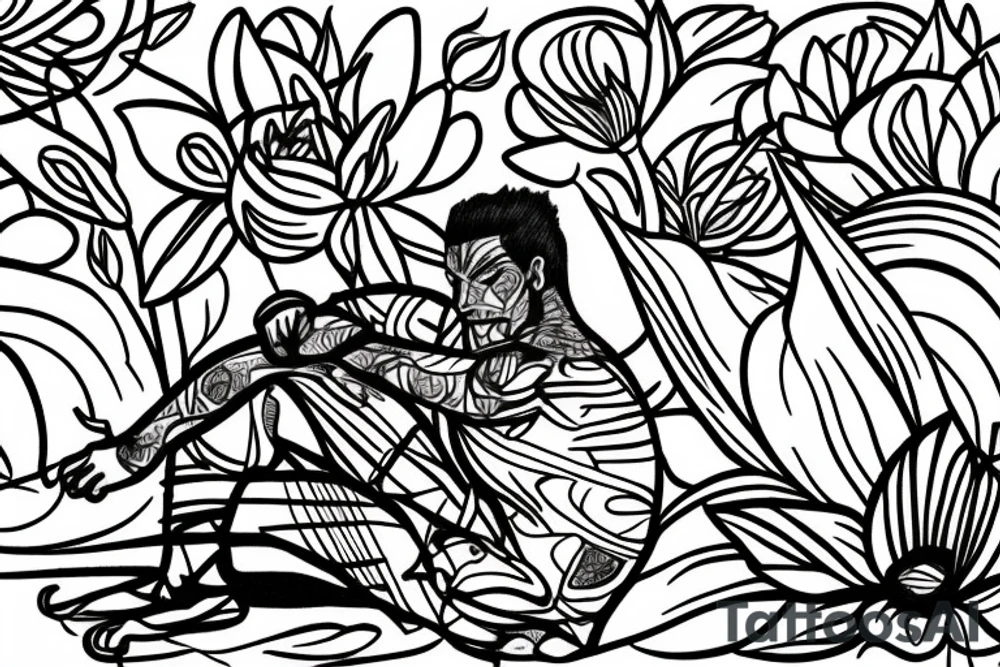 a male warrior sitting on a dock watching the sunset with a field of flowers behind him tattoo idea
