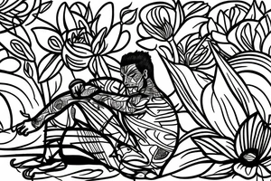 a male warrior sitting on a dock watching the sunset with a field of flowers behind him tattoo idea