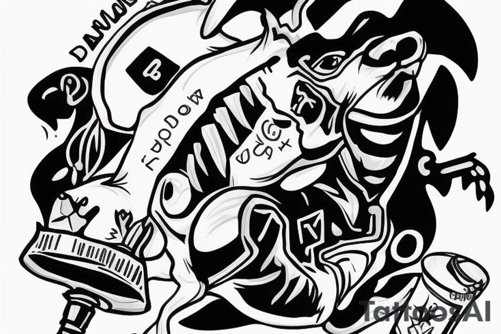 Dog with a number 10 jersey holding a mace and cheese while riding a manta ray tattoo idea