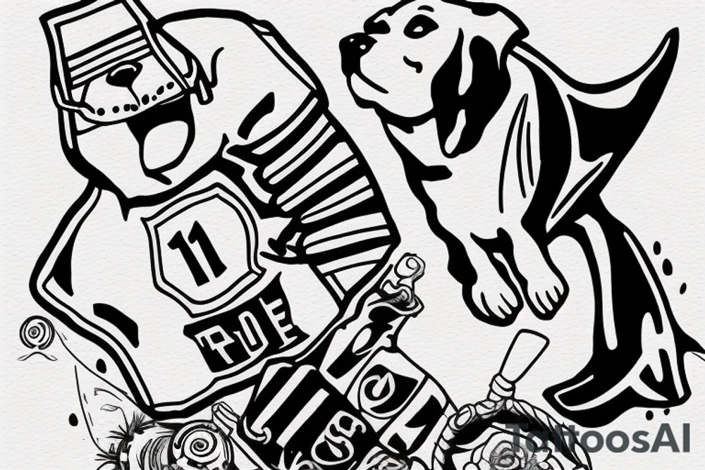 Dog with a number 10 jersey holding a mace and cheese while riding a manta ray tattoo idea