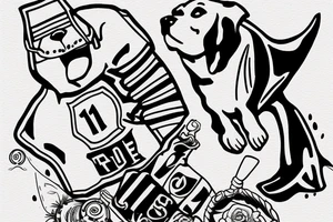 Dog with a number 10 jersey holding a mace and cheese while riding a manta ray tattoo idea