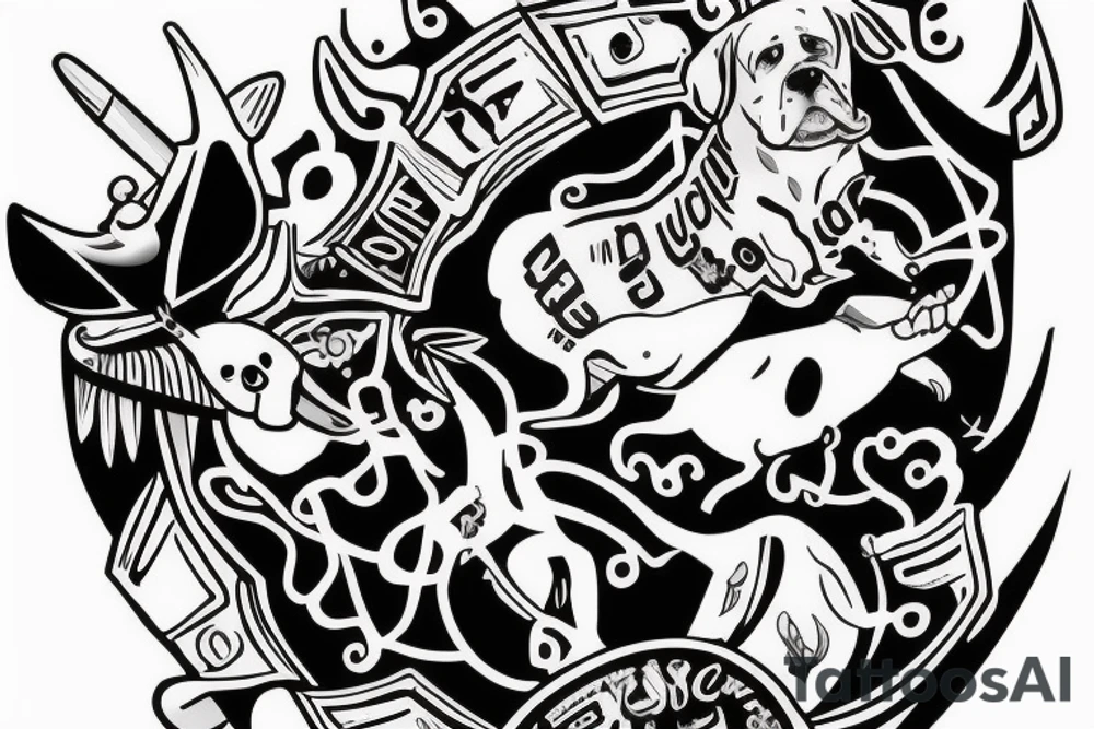 Dog with a number 10 jersey holding a mace and cheese while riding a manta ray tattoo idea