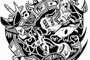 Dog with a number 10 jersey holding a mace and cheese while riding a manta ray tattoo idea