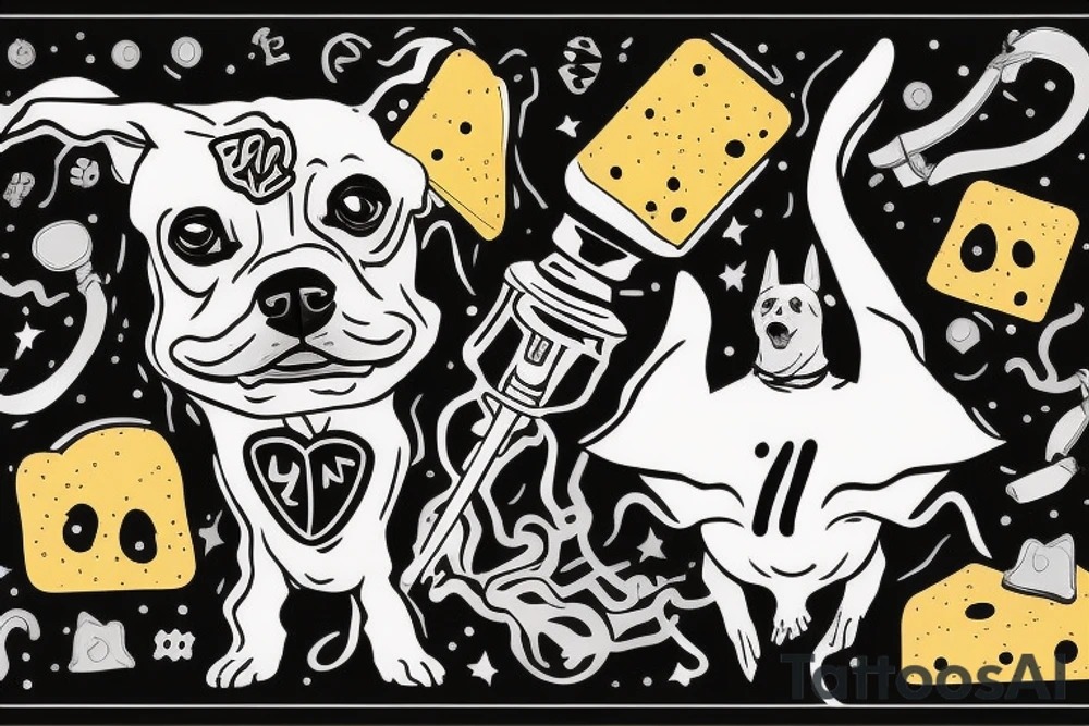 Dog with a number 10 jersey holding a mace and cheese while riding a manta ray tattoo idea