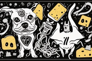 Dog with a number 10 jersey holding a mace and cheese while riding a manta ray tattoo idea