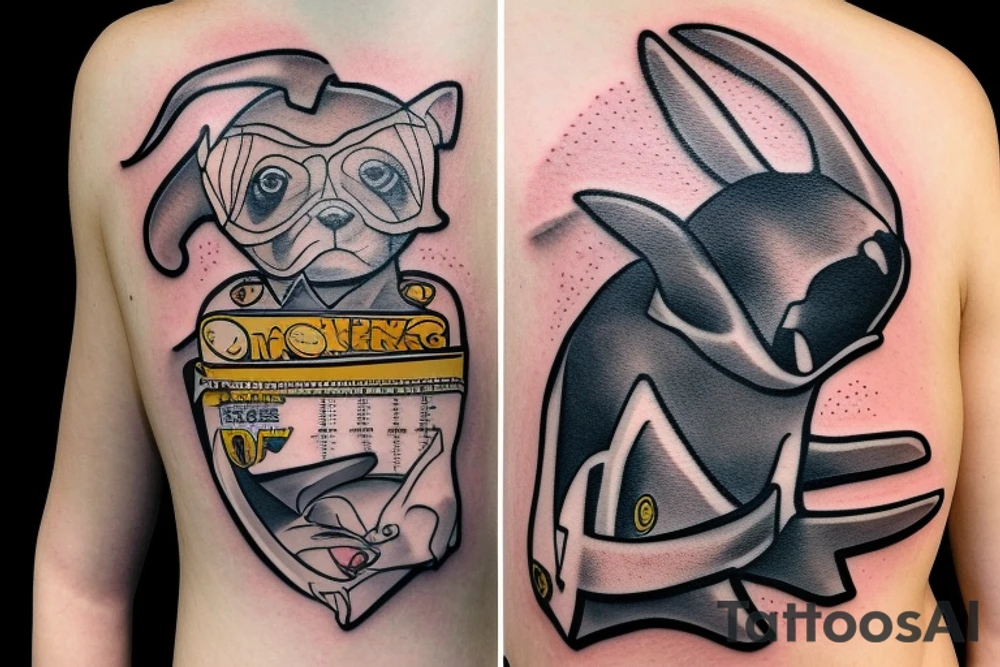 Dog with a number 10 jersey holding a mace and cheese while riding a manta ray tattoo idea