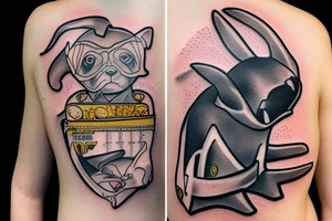 Dog with a number 10 jersey holding a mace and cheese while riding a manta ray tattoo idea
