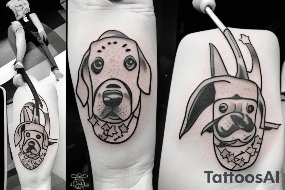 Dog with a number 10 jersey holding a mace and cheese while riding a manta ray tattoo idea