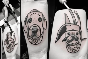 Dog with a number 10 jersey holding a mace and cheese while riding a manta ray tattoo idea