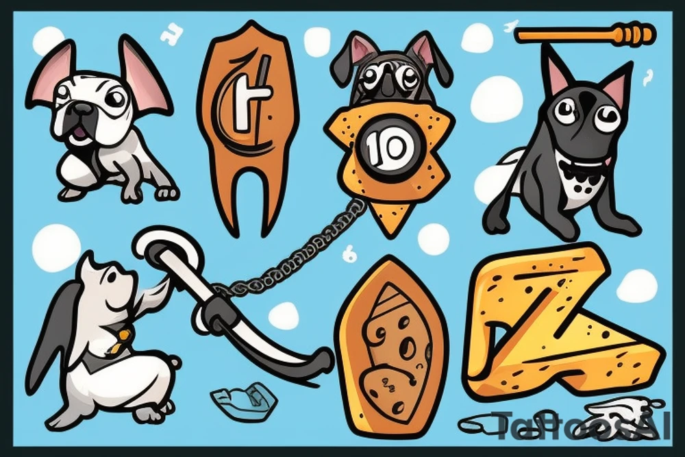 Dog with a number 10 jersey holding a mace and cheese while riding a manta ray tattoo idea