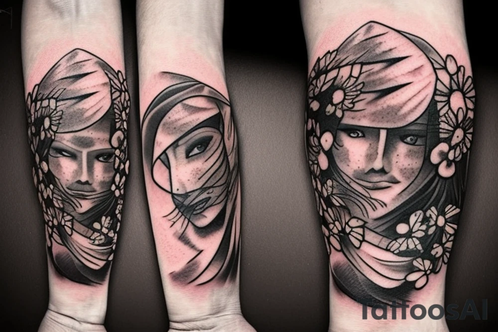 a male warrior sitting on a deck watching the sunset with a field of flowers behind him tattoo idea