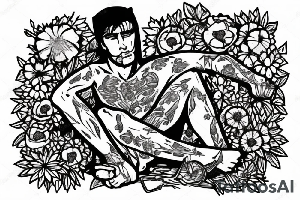 a male warrior sitting on a deck watching the sunset with a field of flowers behind him tattoo idea