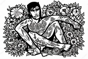 a male warrior sitting on a deck watching the sunset with a field of flowers behind him tattoo idea