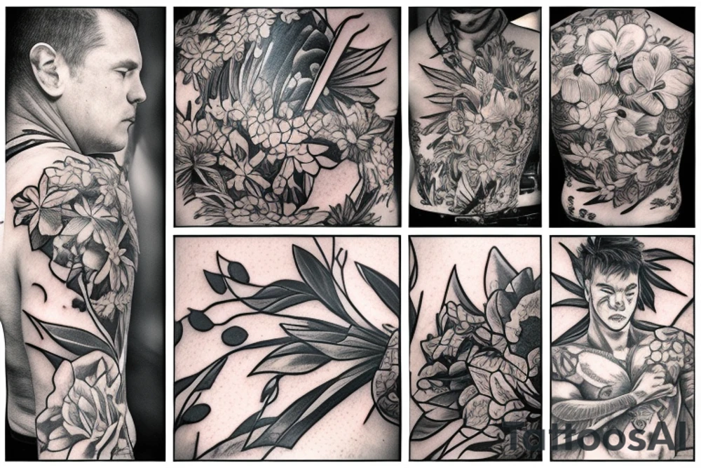 a male warrior sitting on a deck watching the sunset with a field of flowers behind him tattoo idea