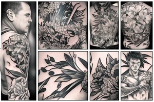a male warrior sitting on a deck watching the sunset with a field of flowers behind him tattoo idea