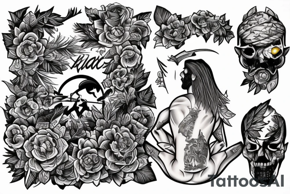 a male warrior sitting on a deck watching the sunset with a field of flowers behind him tattoo idea