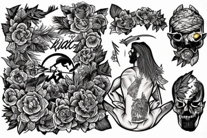 a male warrior sitting on a deck watching the sunset with a field of flowers behind him tattoo idea