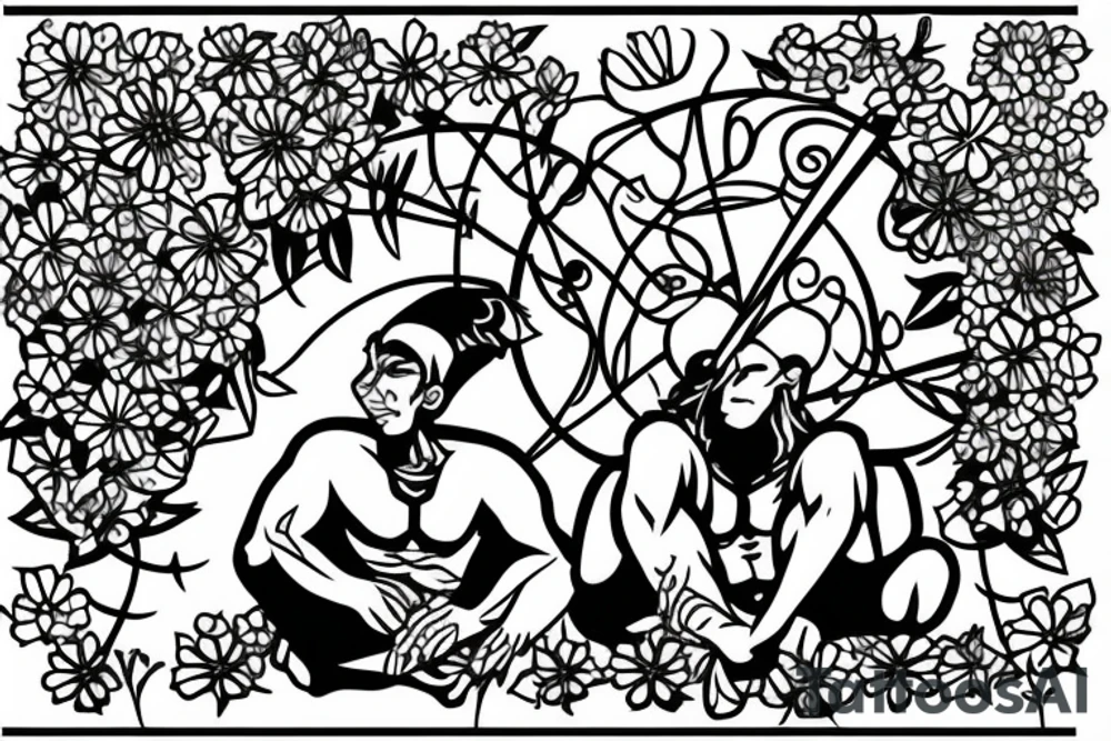 a male warrior sitting on a deck watching the sunset with a field of flowers behind him tattoo idea