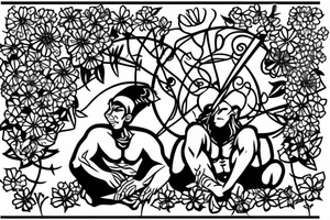 a male warrior sitting on a deck watching the sunset with a field of flowers behind him tattoo idea