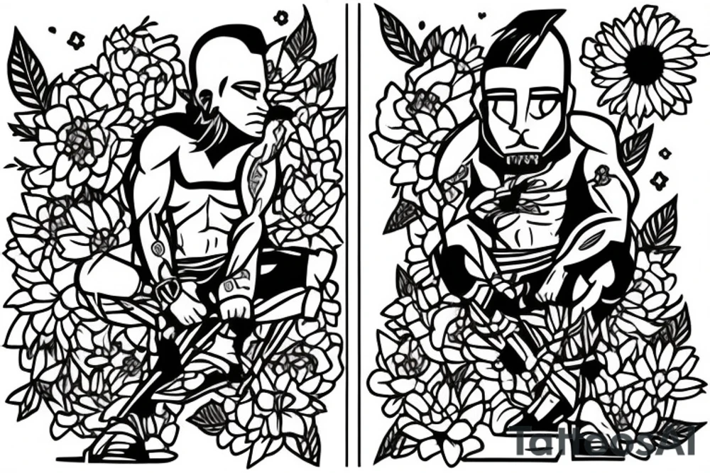 a male warrior sitting on a deck watching the sunset with a field of flowers behind him tattoo idea