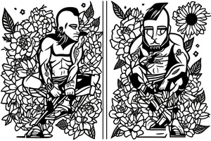 a male warrior sitting on a deck watching the sunset with a field of flowers behind him tattoo idea