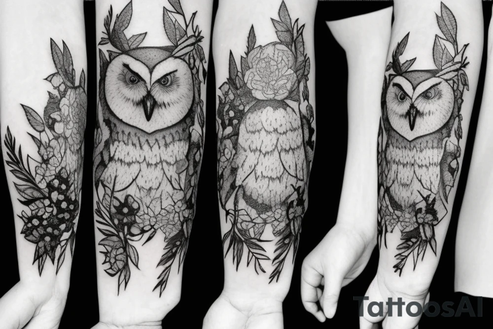 Owl in a forest with flowers trees, and moths tattoo idea Owl in a forest with flowers trees, and moths tattoo idea