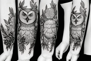 Owl in a forest with flowers trees, and moths tattoo idea