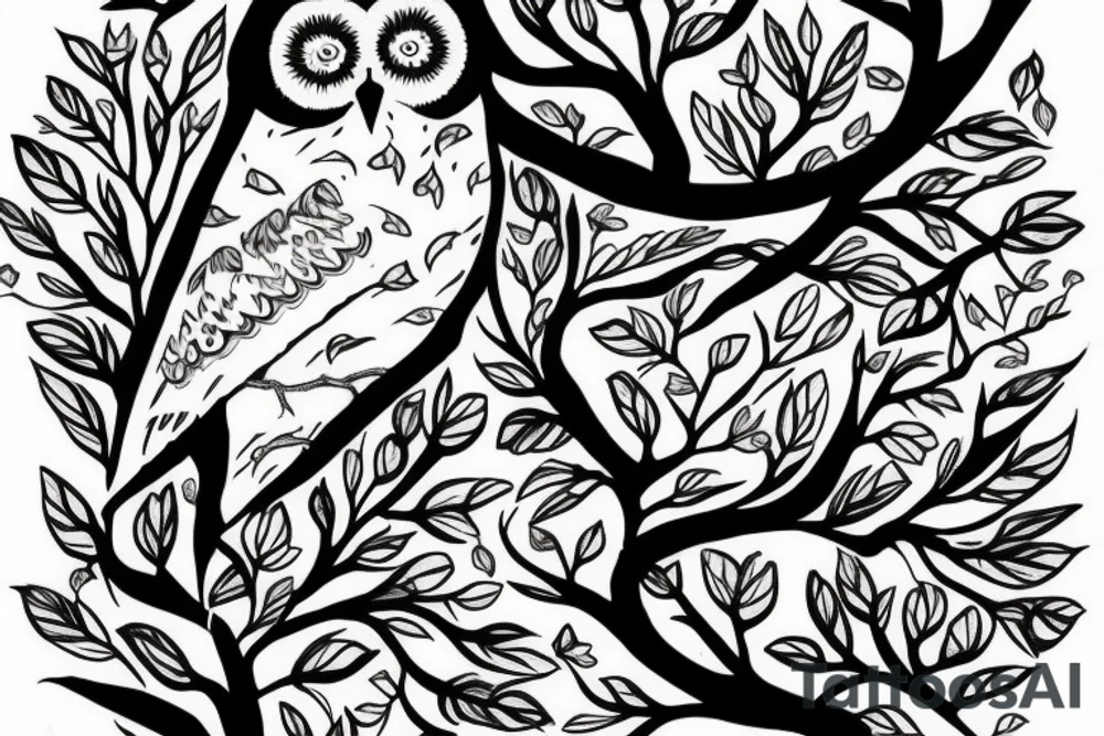 Owl in a forest with flowers trees, and moths tattoo idea Owl in a forest with flowers trees, and moths tattoo idea