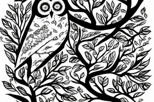 Owl in a forest with flowers trees, and moths tattoo idea