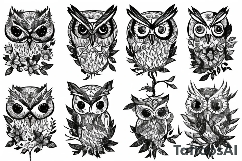 Owl in a forest with flowers trees, and tattoo idea