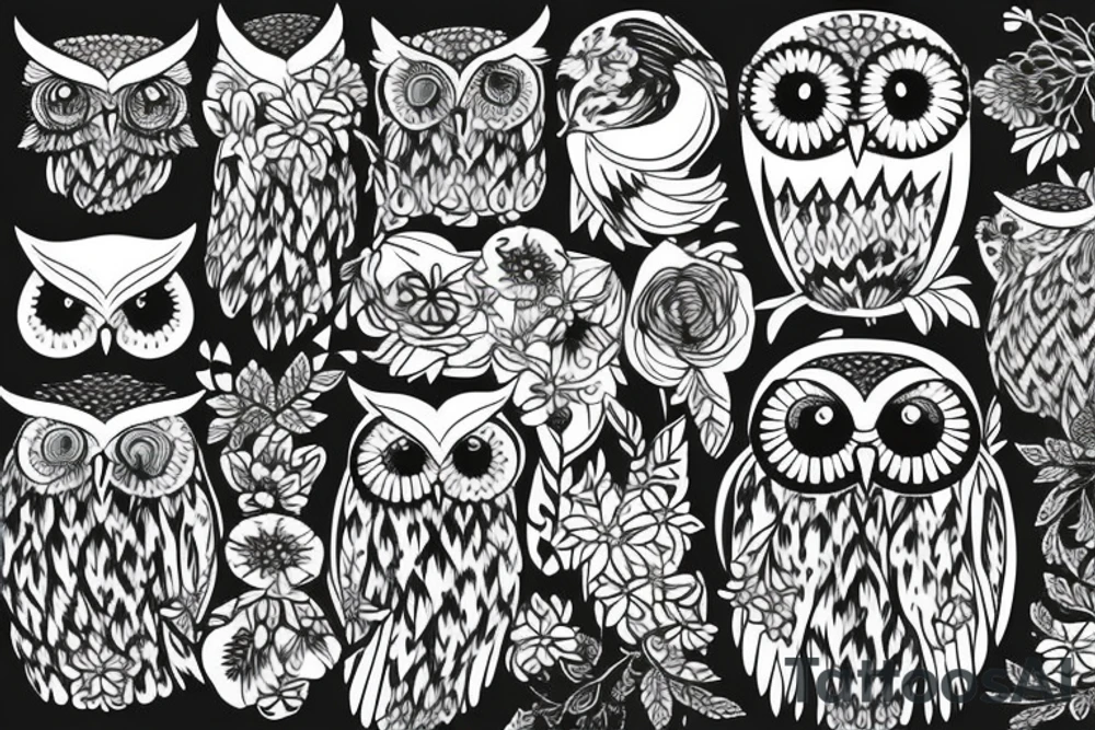 Owl in a forest with flowers trees, and tattoo idea