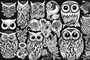 Owl in a forest with flowers trees, and tattoo idea