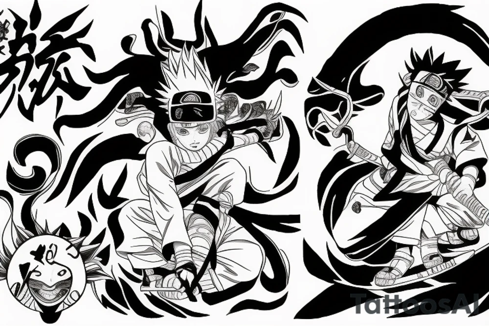 naruto inside kurama with omega sign and demon slayer sword tattoo idea