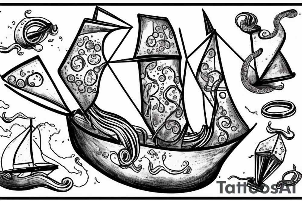 Squid sinking a sailing ship holding a negroni in his tentacle tattoo idea