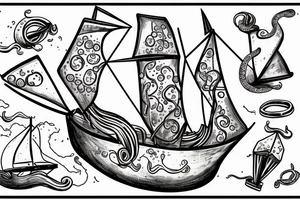 Squid sinking a sailing ship holding a negroni in his tentacle tattoo idea