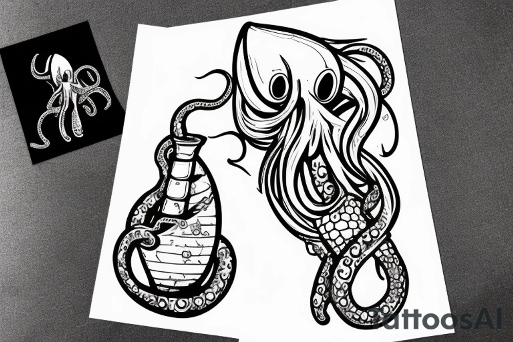 Squid sinking a sailing ship holding a negroni in his tentacle tattoo idea