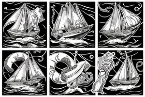 Squid sinking a sailing ship holding a negroni in his tentacle tattoo idea