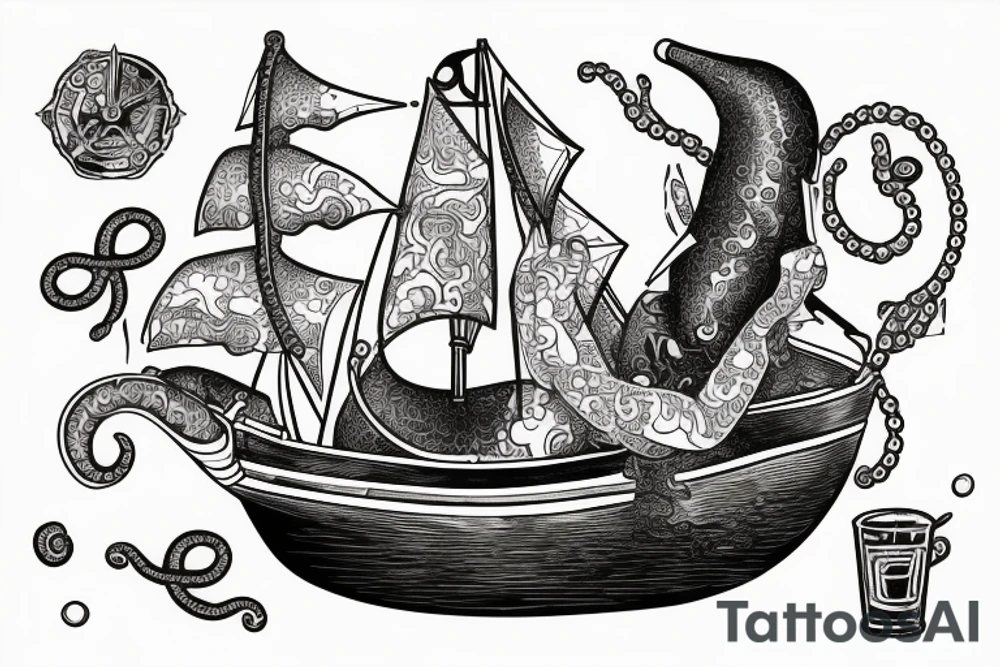 Squid sinking a sailing ship holding a negroni in his tentacle tattoo idea Squid sinking a sailing ship holding a negroni in his tentacle tattoo idea