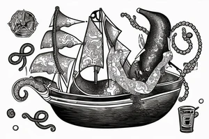 Squid sinking a sailing ship holding a negroni in his tentacle tattoo idea