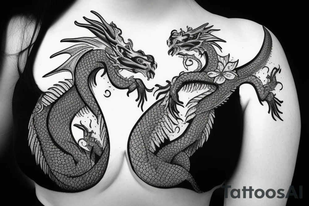Female dragon with blossom flower tattoo idea