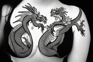 Female dragon with blossom flower tattoo idea