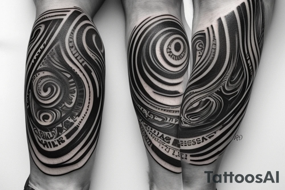 3 artistic black rings around the leg right below the knee, fading out of the bottom ring is a cascade of black letters swirling down towards the ankle. Hidden in the letters are the names Ashley, Brandon, Caleb, Rebekah, Isabel tattoo idea