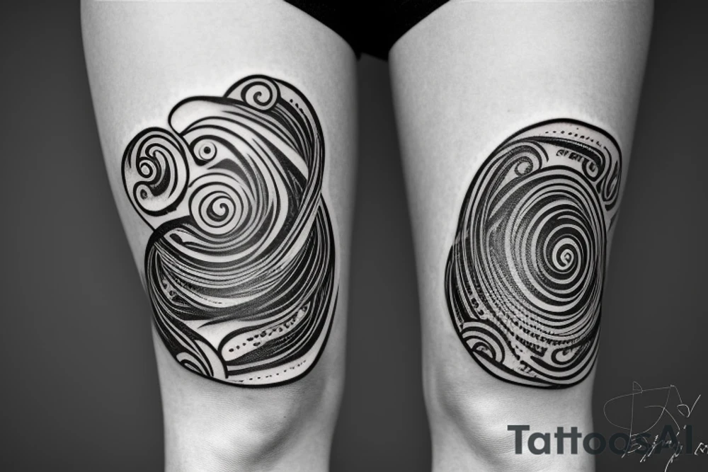 3 artistic black rings around the leg right below the knee, fading out of the bottom ring is a cascade of black letters swirling down towards the ankle. Hidden in the letters are the names Ashley, Brandon, Caleb, Rebekah, Isabel tattoo idea