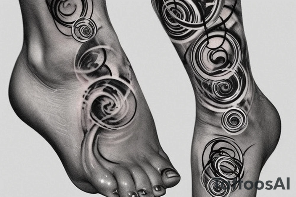 3 artistic black rings around the leg right below the knee, fading out of the bottom ring is a cascade of black letters swirling down towards the ankle. Hidden in the letters are the names Ashley, Brandon, Caleb, Rebekah, Isabel tattoo idea