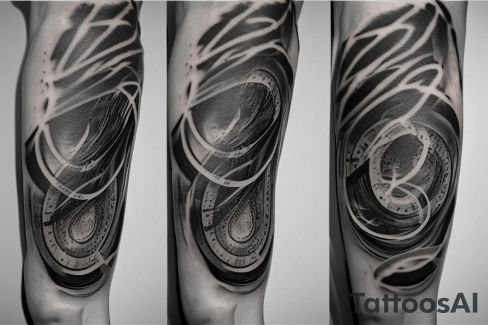 3 artistic black rings around the leg right below the knee, fading out of the bottom ring is a cascade of black letters swirling down towards the ankle. Hidden in the letters are the names Ashley, Brandon, Caleb, Rebekah, Isabel tattoo idea