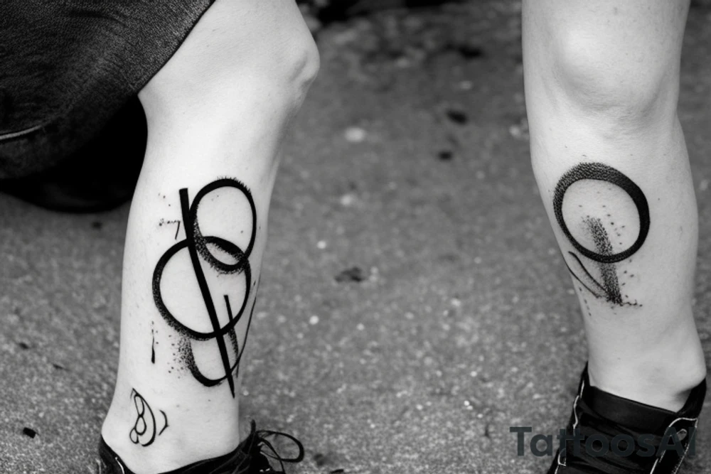 3 artistic black rings around the leg right below the knee, fading out of the bottom ring is a cascade of black letters down towards the ankle. Hidden in the letters are the names Ashley, Brandon, Caleb, Rebekah, Isabel tattoo idea