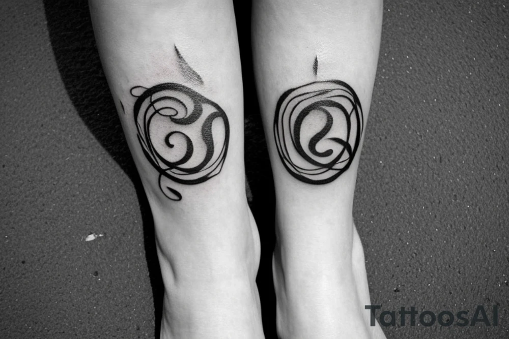 3 artistic black rings around the leg right below the knee, fading out of the bottom ring is a cascade of black letters down towards the ankle. Hidden in the letters are the names Ashley, Brandon, Caleb, Rebekah, Isabel tattoo idea