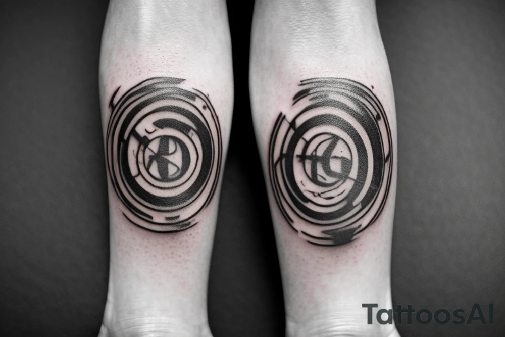 3 solid black rings around the leg, right below the knee. Fading out of the bottom ring are tons of black letters falling down towards the ankle. Hidden in the letters are the names Ashley, Brandon, Caleb, Rebekah, Isabel tattoo idea
